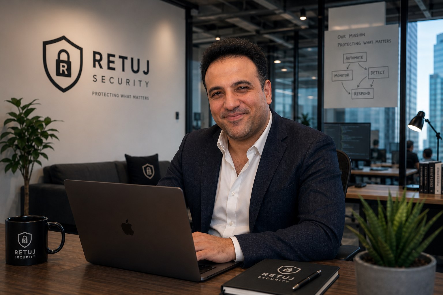Retuj Sharma at his desk in the Retuj Security office